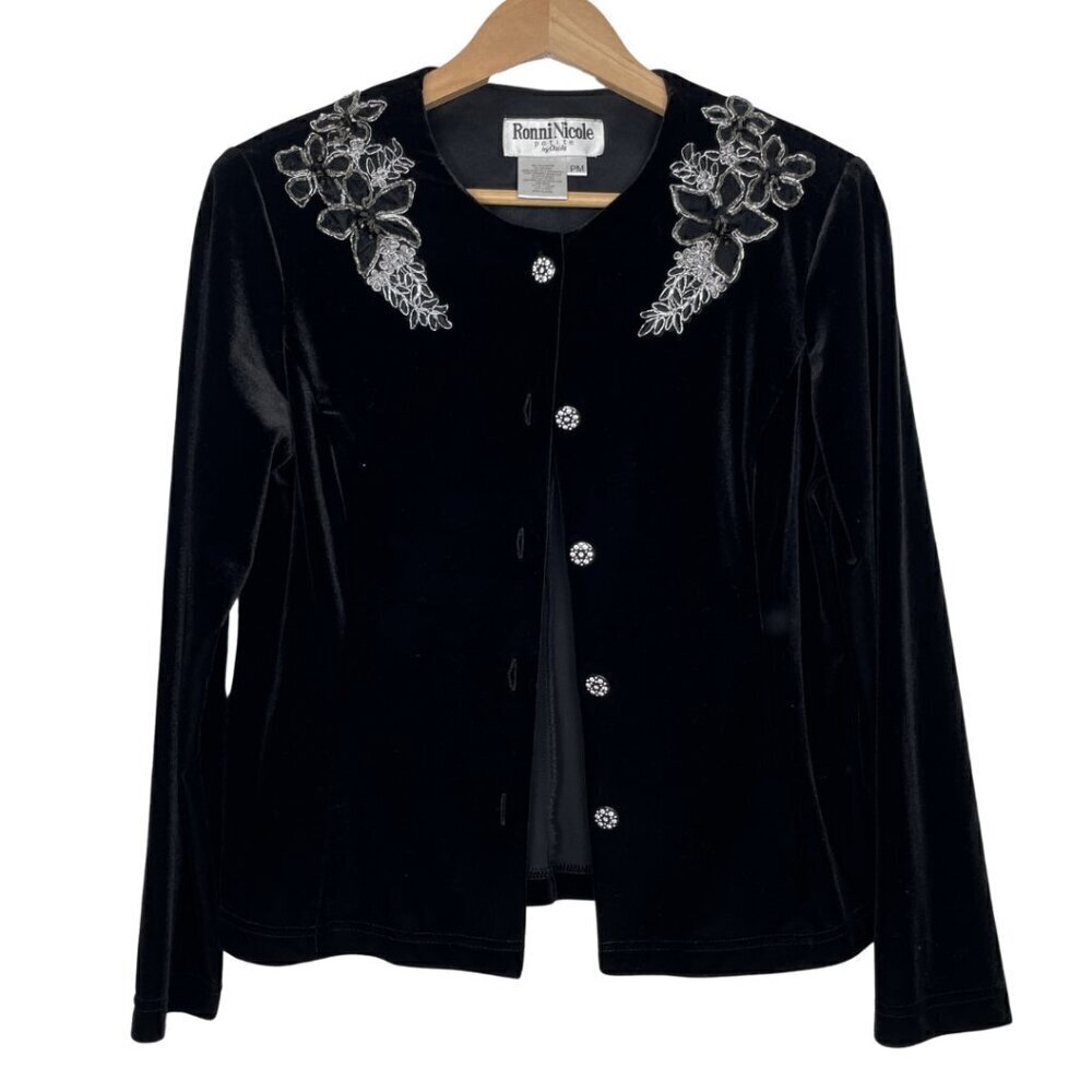 VTG Ronni Nicole Petite Medium Black Velvet Holiday Cardigan w/ Lace & Beading
